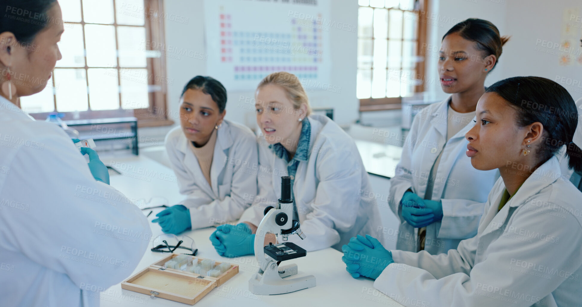 Buy stock photo Science, laboratory and teacher with students at college for learning, education and research at medical university. School, biotechnology and woman with people for experiment, studying and teaching