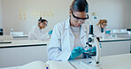 Sample, girl and microscope in science classroom for chemistry analysis, study experiment and practical lesson. Student, notes and learning of medical research for education with ppe safety in lab