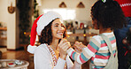 Christmas, mother and girl with love, holding hands and celebration with happiness, house and festive. Xmas hat, family and parent with daughter, mama and kid with childhood, holiday and cheerful