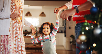 Buy stock photo Christmas, dance and love with family holding hands for festive magic, Noel cheer and xmas celebration. Happy, winter holiday and decorations with people at home for present, vacation or excited