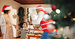 Christmas, dance and party with family holding hands for festive magic, Noel cheer and xmas celebration. Love, winter holiday and decorations with people at home for present, vacation or excited