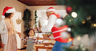 Buy stock photo Christmas, dance and party with family holding hands for festive magic, Noel cheer and xmas celebration. Love, winter holiday and decorations with people at home for present, vacation or excited