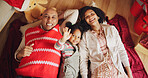 Christmas, above and love with portrait of family for festive magic, Noel cheer and xmas celebration. Smile, winter holiday and decoration with people at home for present, vacation and relax together