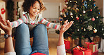 Christmas, airplane and smile with child and parent for festive magic, Noel cheer and xmas celebration. Support, winter holiday and love with people at family home for present, vacation and playful