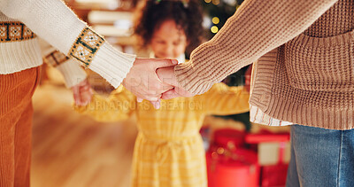 Buy stock photo Christmas, closeup and prayer with family holding hands for festive, worship and xmas celebration. Spirituality, winter holiday and religion with people at home for support, vacation and faith