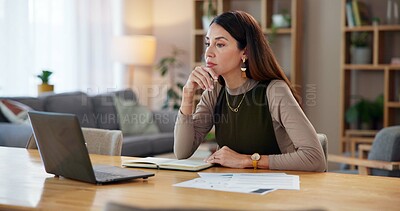 Buy stock photo Diary, reading and woman on laptop in home with paperwork for online banking, finance and taxes. Remote work, bookkeeping and female person with report for research, financial review and business