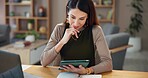 Reading, remote work or woman on tablet in house with notebook for online banking, finance or taxes. Budget, bookkeeping and accountant with journal for profit growth, financial review and research