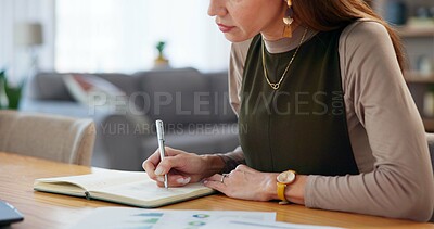 Buy stock photo Business, hands and woman writing in house with financial statistics for company risk management. Remote work, data analyst and research notes for problem solving, budget strategy and finance report