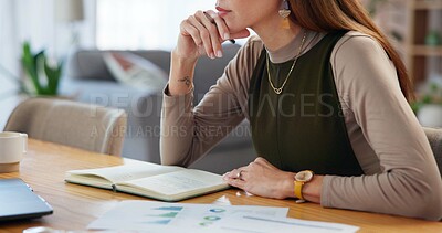 Buy stock photo Documents, hands and woman with diary in home with paperwork for online banking, finance and taxes. Remote work, bookkeeping or accountant with report for planning budget, financial review and bills