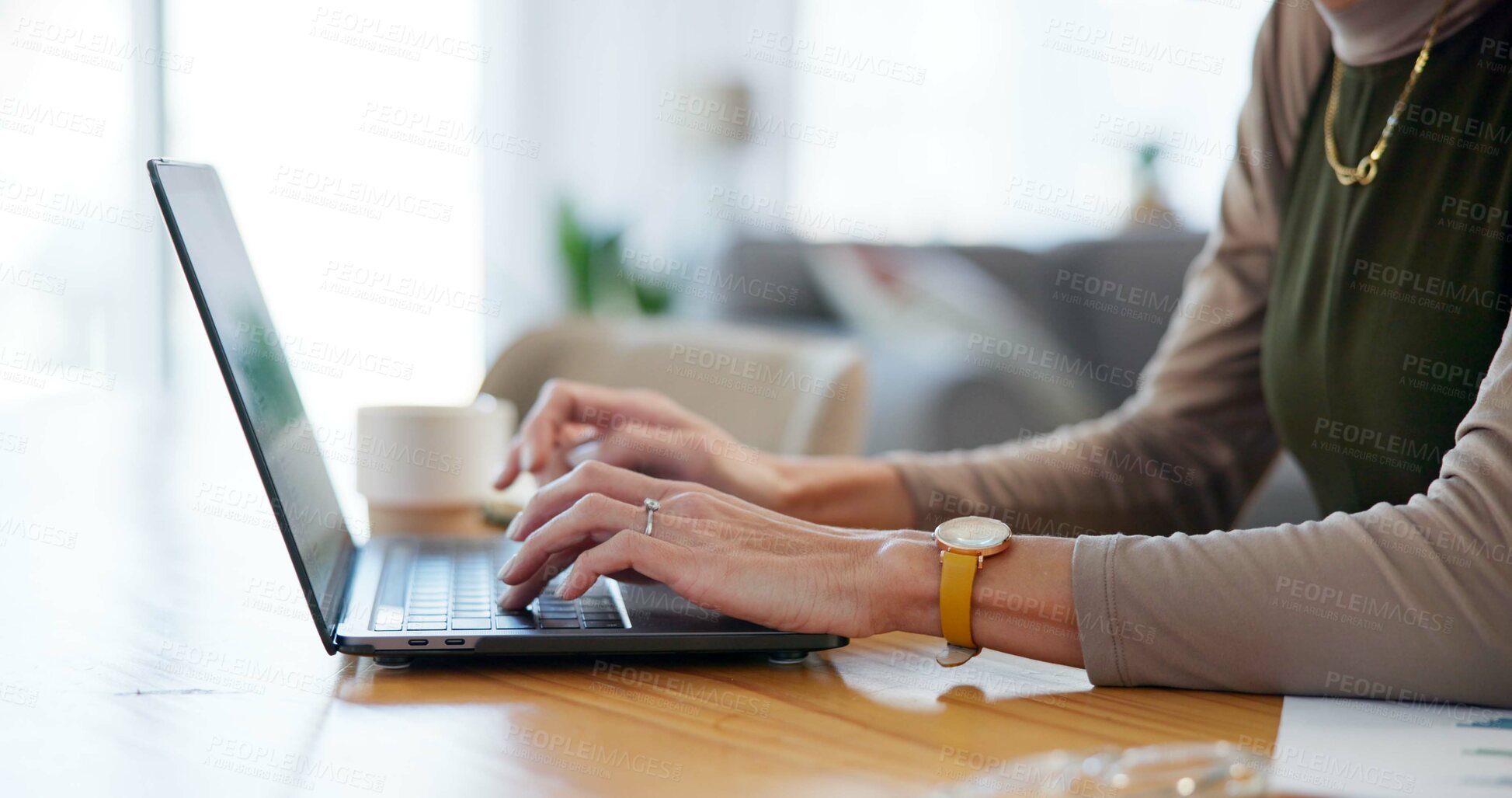 Buy stock photo Remote work, typing and hands of woman on laptop for online networking, report and research. Working from home, business and person on computer for website, internet and planning for freelance career