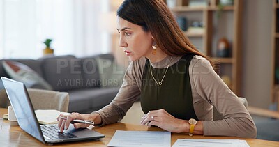 Buy stock photo Documents, reading or woman on laptop in remote work with paperwork for online banking, finance or taxes. Home, bookkeeping or female accountant with report for budget, financial review or planning