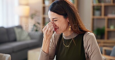 Buy stock photo Business woman, headache and eye strain from online research reading with allergy and illness. Digital, computer and sick ux designer with illness, nose itch and hurt from blue light of tech