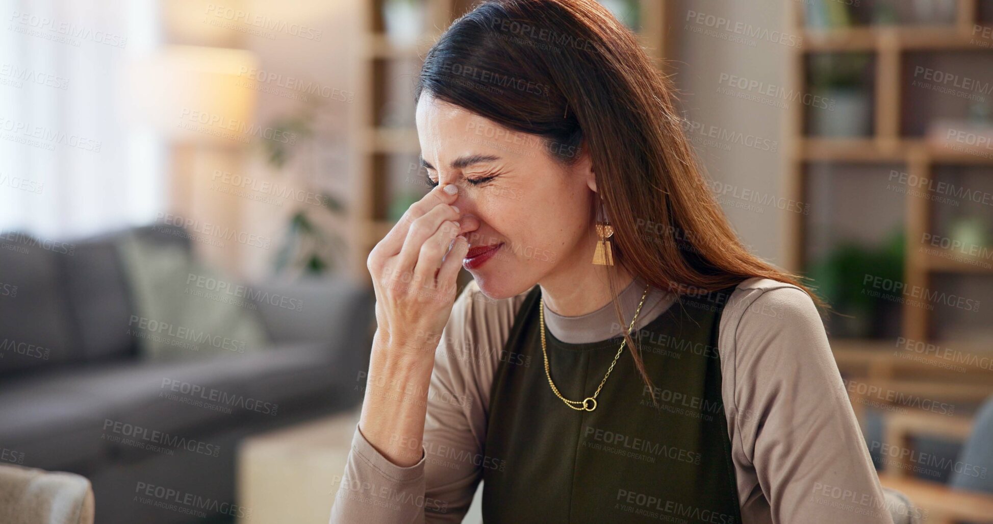 Buy stock photo Business woman, headache and eye strain from online research reading with allergy and illness. Digital, computer and sick ux designer with illness, nose itch and hurt from blue light of tech