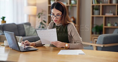 Buy stock photo Paperwork, reading or woman on laptop in remote work with documents for online banking, finance or taxes. Home, bookkeeping or female accountant with report for budget, financial review or planning