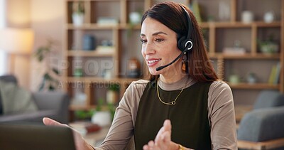 Buy stock photo Customer service, remote work or happy woman in call center for consulting, loan questions or online advice. Telecom, consultant or agent with microphone for telemarketing and sales communication