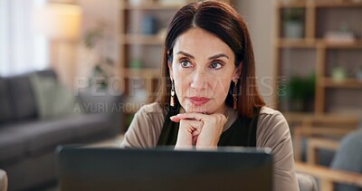 Buy stock photo Business woman, thinking and laptop with online research reading for web designer in office. Digital, idea and ux design update with seo upgrade at creative agency at startup with planning on tech