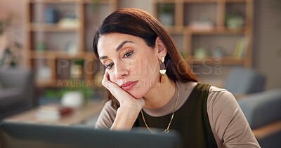 Buy stock photo Business woman, working and laptop with online research reading for web designer in office. Digital, computer and ux design update with seo upgrade at creative agency at startup with planning on tech