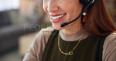 Buy stock photo Phone call, customer support and mouth of woman with headset, smile or help desk agent in crm office. Contact, girl or happy consultant in callcenter for advice, sales or telemarketing service