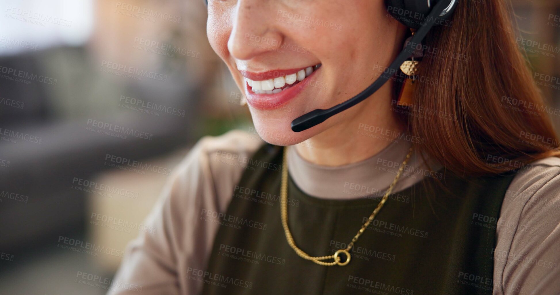 Buy stock photo Phone call, customer support and mouth of woman with headset, smile or help desk agent in crm office. Contact, girl or happy consultant in callcenter for advice, sales or telemarketing service