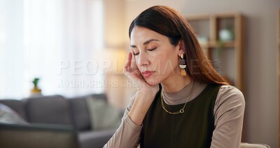 Buy stock photo Business, woman and headache with stress in home with brain fog, overworked or muscle tension. Remote work, migraine and uncomfortable pressure with burnout, fatigue and overwhelmed with job deadline