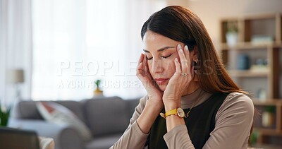 Buy stock photo Business woman, headache and burnout from reading with stress and anxiety at desk. Pain, temple massage and sick with illness, deadline worry and hurt with migraine, project and work problem