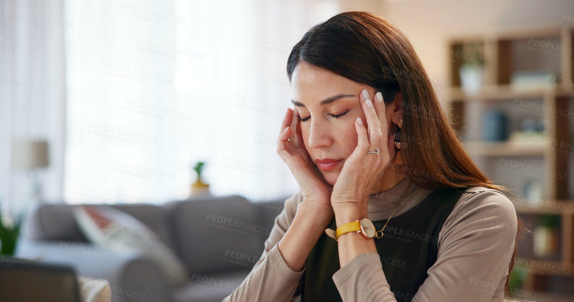 Buy stock photo Business woman, headache and burnout from reading with stress and anxiety at desk. Pain, temple massage and sick with illness, deadline worry and hurt with migraine, project and work problem