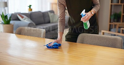 Buy stock photo Hands, hygiene with person with bottle in home for housekeeping, cleaning and maintenance on weekend. Surface, germs and wooden table with cloth in house for bacteria, disinfection and sanitation