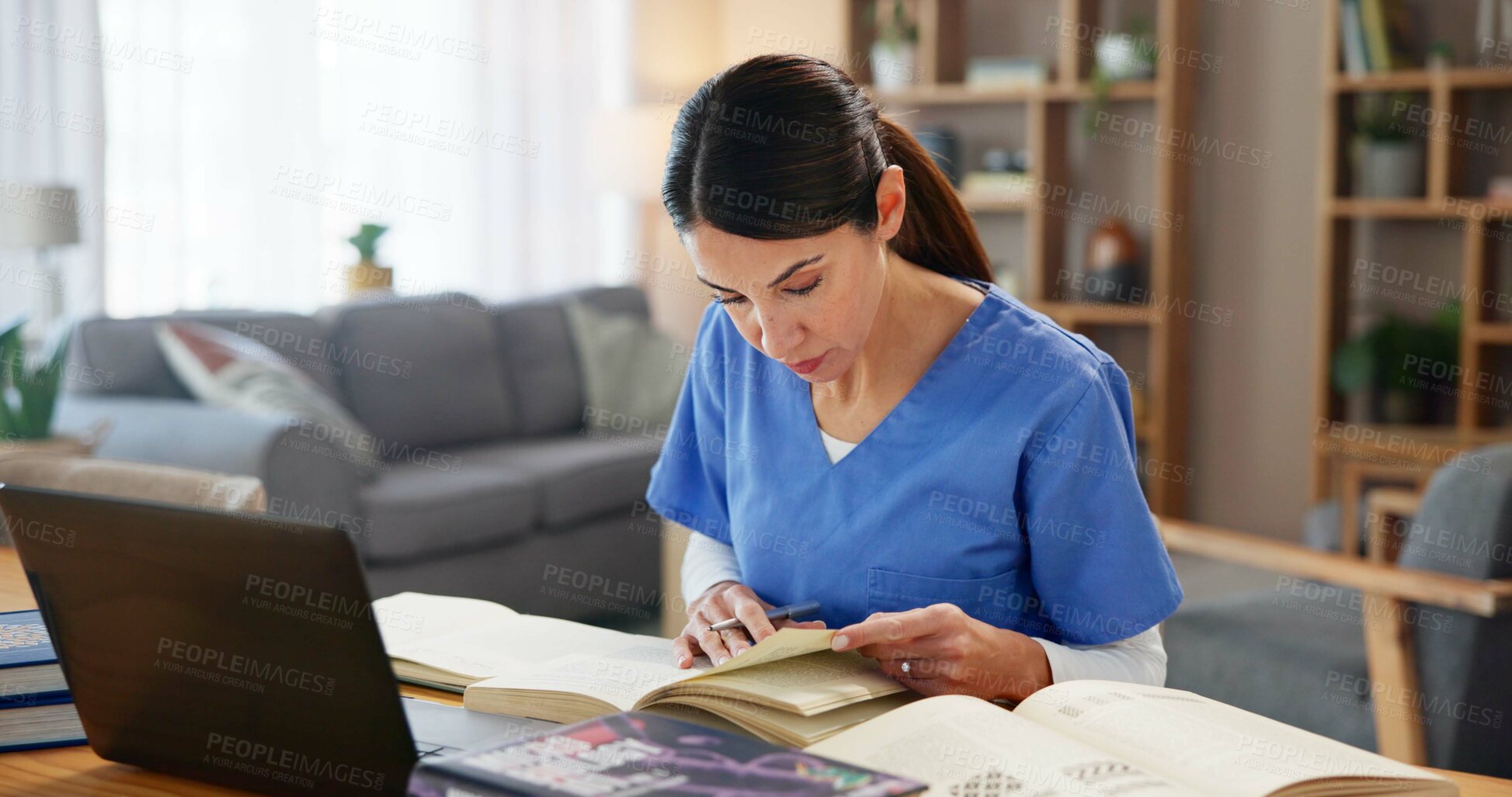 Buy stock photo Nurse, woman and reading with books by laptop for medical research, knowledge and information. Healthcare, worker and studying with technology at desk for diagnosis reference, guide or treatment plan