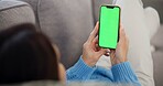 Relax, green screen and woman on sofa with phone, search and online chat mockup in home. Smartphone, chromakey and girl on couch with scroll on mobile app for social media, connection and networking