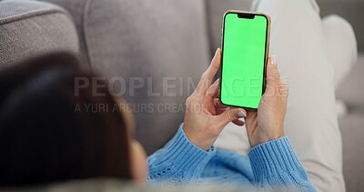 Buy stock photo Relax, green screen and woman on sofa with phone, search and online chat mockup in home. Smartphone, chromakey and girl on couch with scroll on mobile app for social media, connection and networking