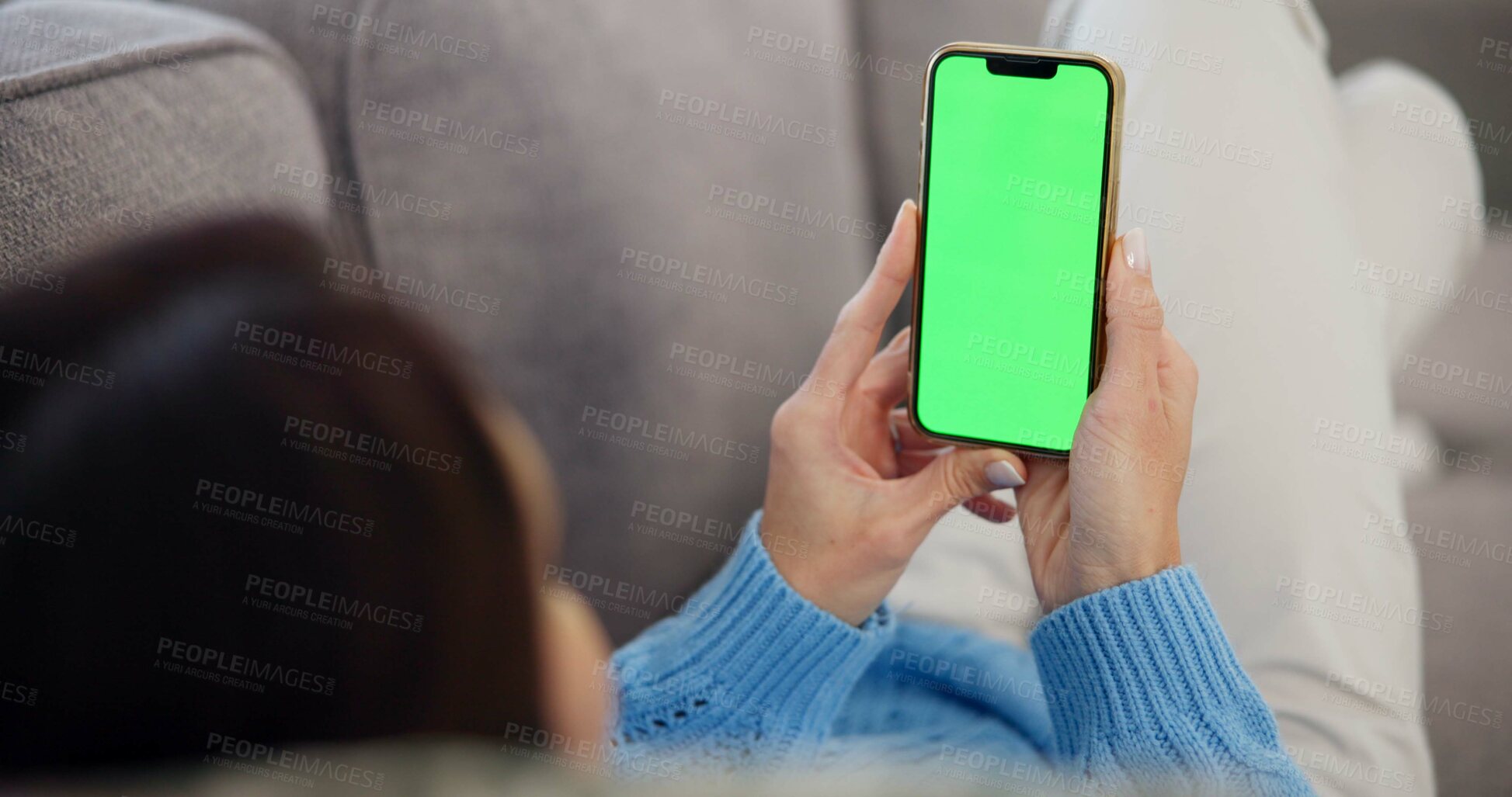 Buy stock photo Relax, green screen and woman on sofa with phone, search and online chat mockup in home. Smartphone, chromakey and girl on couch with scroll on mobile app for social media, connection and networking