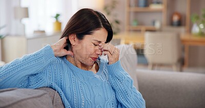 Buy stock photo Woman, headache and stress on sofa in home with brain fog, dizzy and muscle tension. Person, migraine and uncomfortable pressure with vertigo, frustrated and overwhelmed with burnout in living room