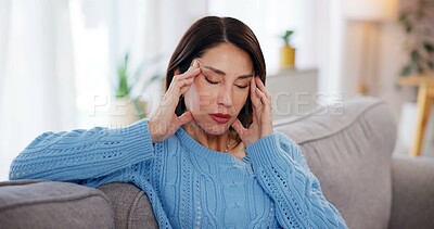 Buy stock photo Woman, headache and stress on sofa in home with brain fog, dizzy and muscle tension. Person, migraine and uncomfortable pressure with vertigo, temple massage and overwhelmed with burnout in lounge