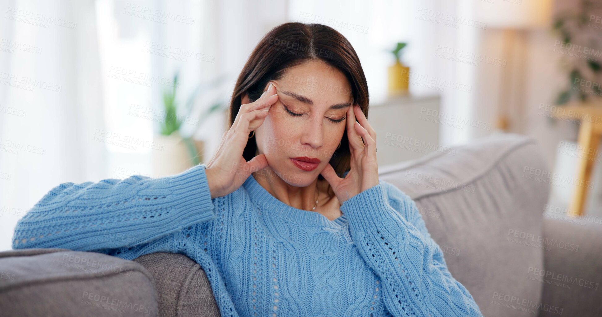 Buy stock photo Woman, headache and stress on sofa in home with brain fog, dizzy and muscle tension. Person, migraine and uncomfortable pressure with vertigo, temple massage and overwhelmed with burnout in lounge