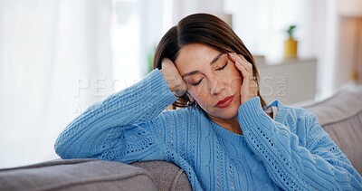 Buy stock photo Woman, headache and stress on couch in home with brain fog, dizzy and tension. Person, migraine and uncomfortable pressure with vertigo, massage temple and overwhelmed with burnout in lounge