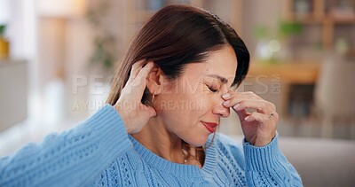 Buy stock photo Woman, headache and stress on sofa in house with brain fog, dizzy and tension from exhaustion. Person, migraine and uncomfortable pressure with vertigo, fatigue and overwhelmed with burnout in lounge