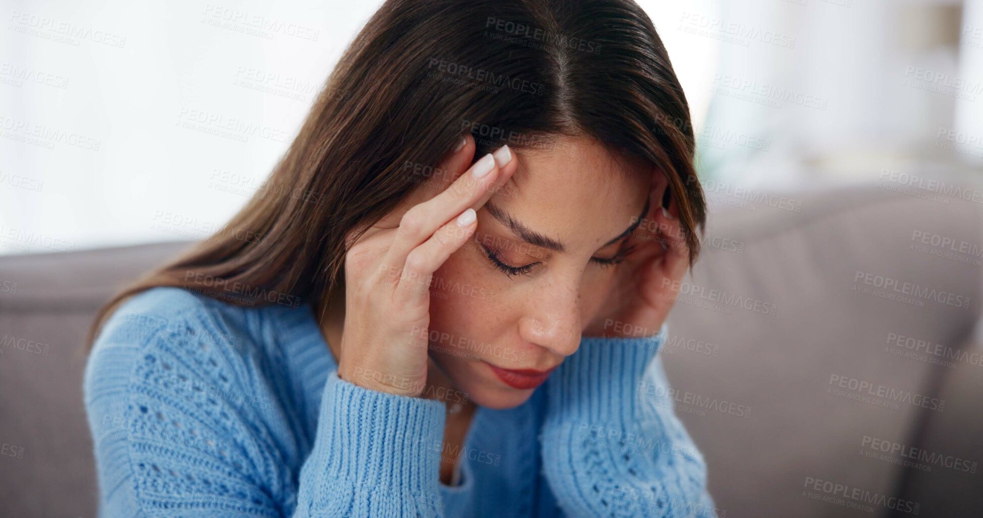 Buy stock photo Woman, headache and pain on sofa in home with brain fog, dizzy and tension. Person, migraine and uncomfortable pressure with stress, massage temple and overwhelmed with burnout in living room