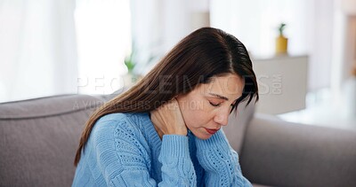 Buy stock photo Woman, neck pain and stress on sofa in home with muscle tension, injury and burnout. Person, body strain and uncomfortable on couch with inflammation, fibromyalgia and joint pressure in living room