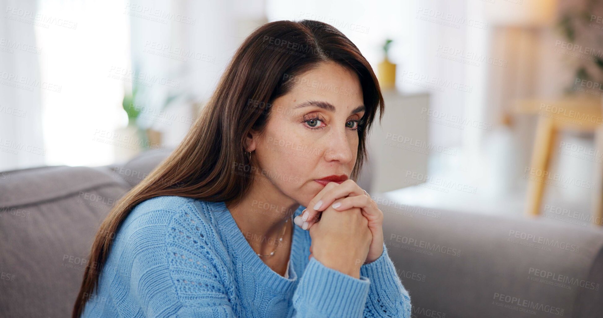 Buy stock photo Woman, thinking and stress on sofa in home with financial crisis, jobless and overwhelmed with pressure. Person, thoughtful and worry on couch with depression, reflection and mortgage debt in lounge