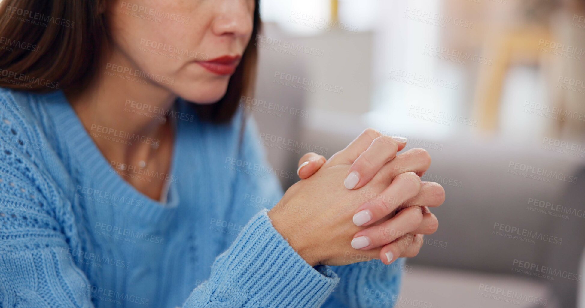 Buy stock photo Woman, nervous and hands with stress on sofa in home for financial crisis, jobless and overwhelmed with pressure. Person, thinking and worried on couch with depression, reflection and mortgage debt