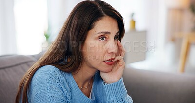 Buy stock photo Woman, nervous and stress on sofa in home with financial crisis, jobless and overwhelmed with pressure. Person, thinking and worried on couch with depression, reflection and mortgage debt in lounge