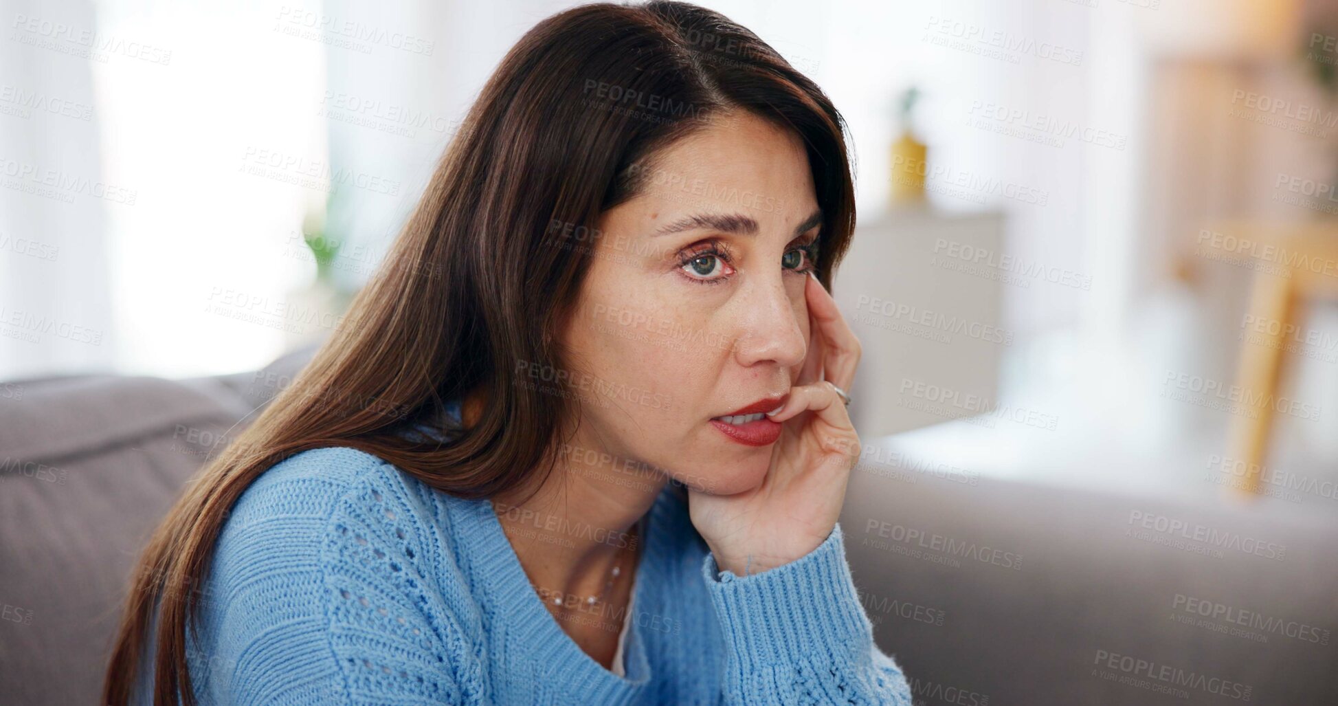 Buy stock photo Woman, nervous and stress on sofa in home with financial crisis, jobless and overwhelmed with pressure. Person, thinking and worried on couch with depression, reflection and mortgage debt in lounge