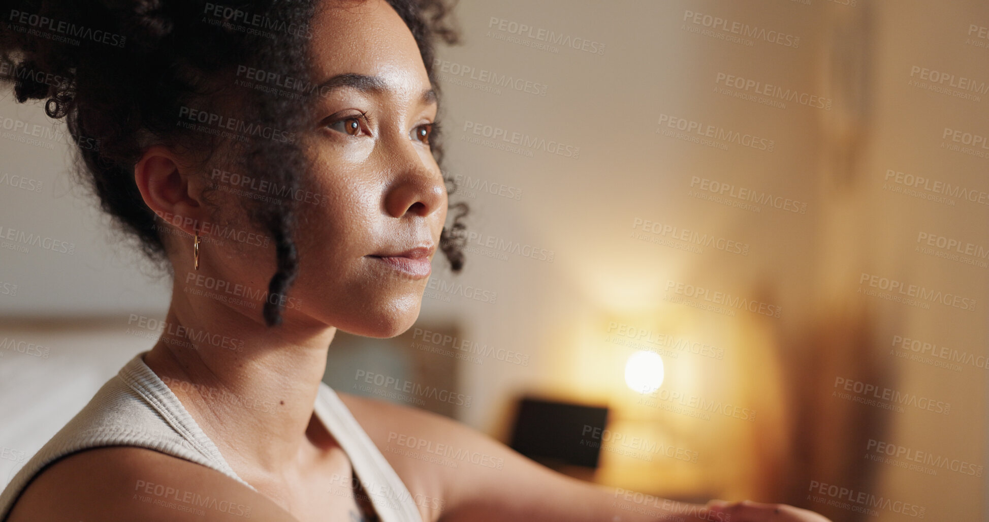 Buy stock photo Woman, reflection and thinking in home for idea, mindfulness and vision with peaceful thoughts. Female person, calm and relax in apartment for perspective, wondering and healthy mind with insight