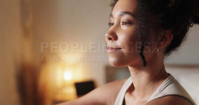 Buy stock photo Woman, reflection and thinking in home for vision, mindfulness and night with peaceful thoughts. Female person, calm and relax in apartment for perspective, wondering and healthy mind with insight