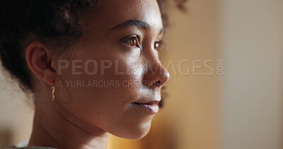 Buy stock photo Woman, thinking and home for closeup of face, planning and perspective on news or information. Female person, mental health and memory for reflection, contemplating and remember or dream of nostalgia