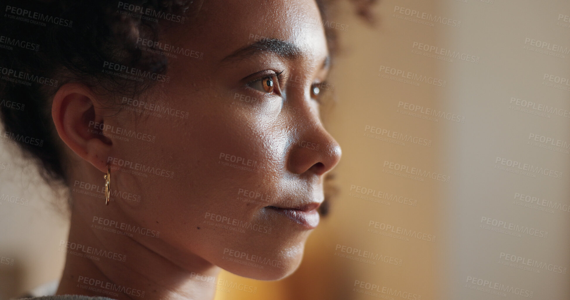 Buy stock photo Woman, thinking and home for closeup of face, planning and perspective on news or information. Female person, mental health and memory for reflection, contemplating and remember or dream of nostalgia