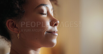 Buy stock photo Woman, wellness and yoga in home for meditation, mindfulness and holistic health on bed with peace. Female person, closeup and relax in apartment for zen, chakra or healthy mind with fitness exercise