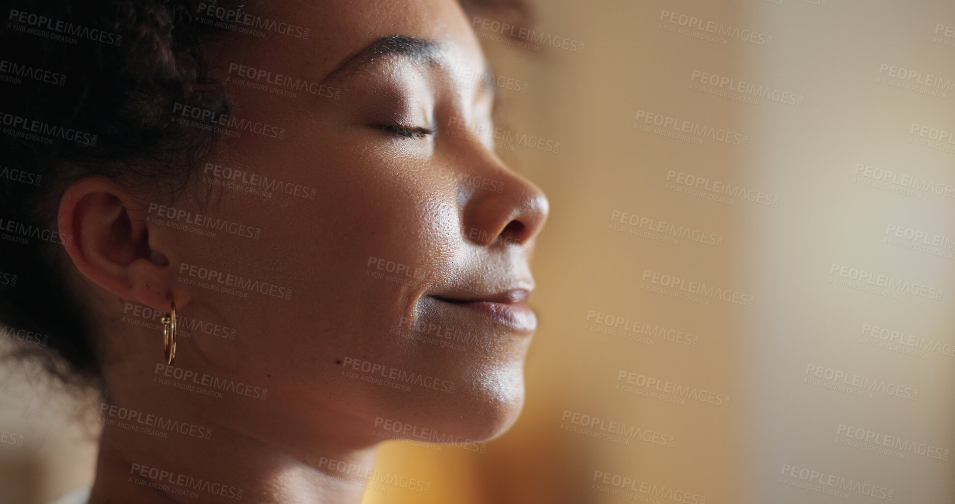 Buy stock photo Woman, wellness and yoga in home for meditation, mindfulness and holistic health on bed with peace. Female person, closeup and relax in apartment for zen, chakra or healthy mind with fitness exercise