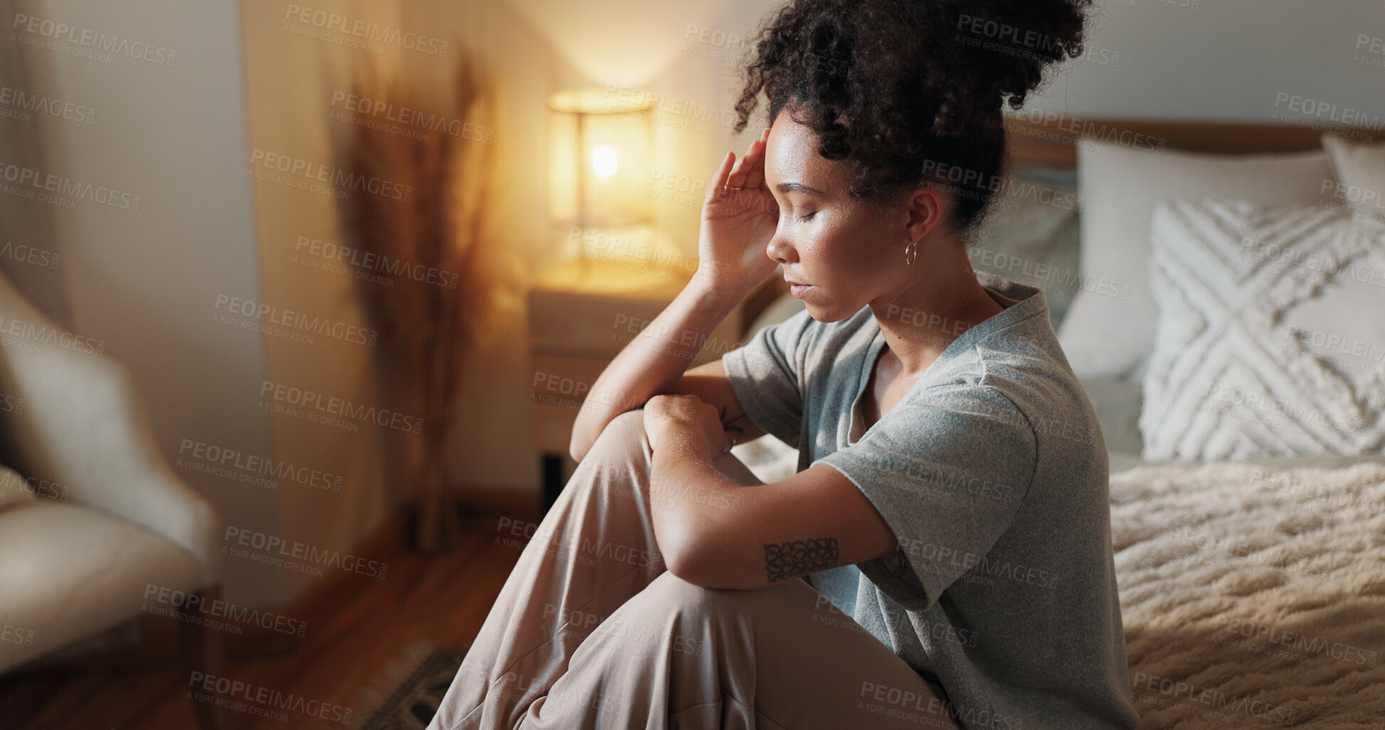 Buy stock photo Sad, tired and woman with thinking in bedroom of insomnia, depression and remember memory of trauma anxiety. Fatigue, girl and lonely morning of broken heart, reflection or psychology crisis at house