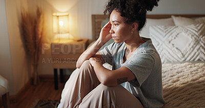 Buy stock photo Sad, woman and headache with thinking in bedroom of insomnia, depression or remember memory of trauma. Tired, girl and lonely morning of broken heart,  anxiety reflection and migraine crisis at house